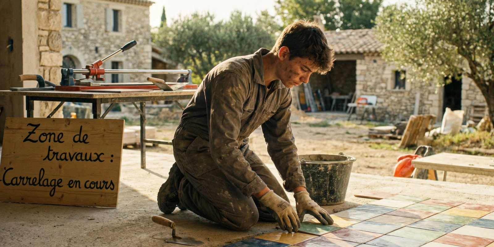 BP Carreleur Mosaïste en Apprentissage : Salaire, CFA, Contrat et Conseils Pratiques Apprenti carreleur mosaïste posant du carrelage sur un chantier BTP en alternance